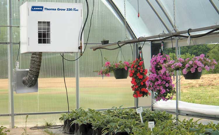 Therma Grow forced air heater inside a greenhouse facility.