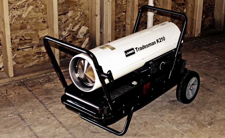 Tradesman K portable forced air kerosene heater at a construction site.