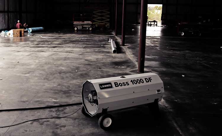 The Boss 1000 DF million BTU heater in a commercial construction site.